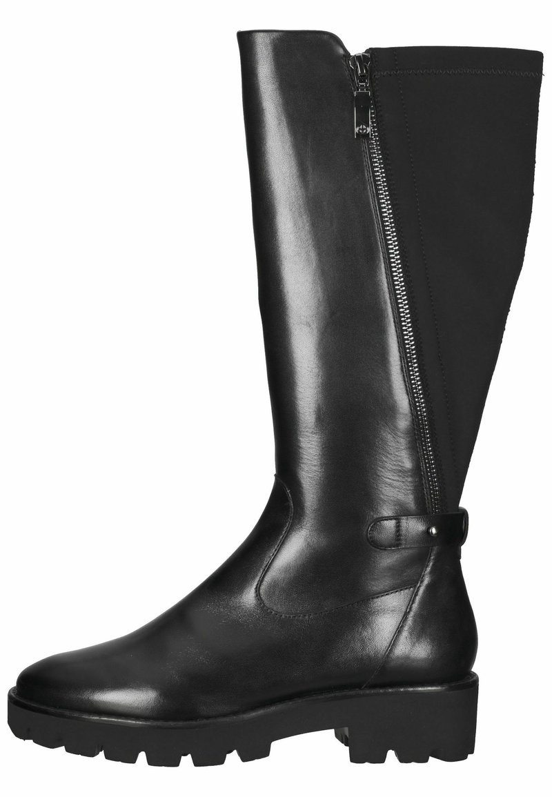 Knee-high black boots with a shiny leather front, soft fabric back, side zipper, and rugged rubber sole with tread for traction.