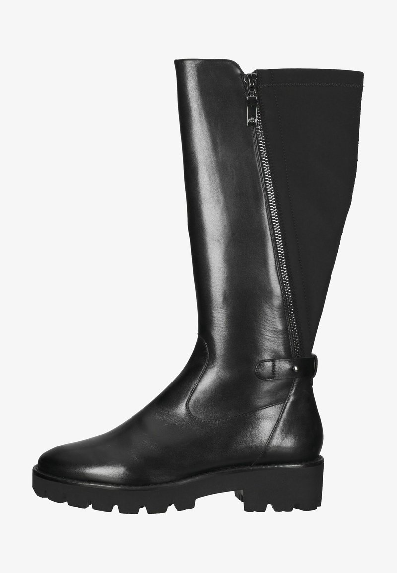 Knee-high black boots with a shiny leather front, soft fabric back, side zipper, and rugged rubber sole with tread for traction.