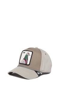 Gorro en color caqui y gris con visera curva y parche bordado de una paloma con la inscripción "HOMIE". Incluye costuras contrastantes y acentos del logo.