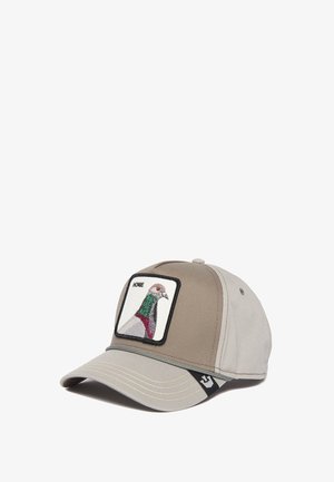 Khaki and gray cap with a curved brim and embroidered pigeon patch featuring "HOMIE". Includes contrasting stitching and logo accents.