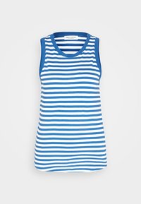 Top a righe blu e bianche con scollatura rotonda e senza maniche, realizzato in morbido tessuto testurizzato.