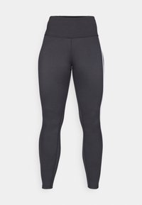 High-waisted black leggings made of stretchy fabric, featuring a smooth texture and white side stripe detail along the legs.