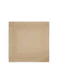 Beige textiel met een subtiel geometrisch patroon, met franje randen en een geborduurd ontwerp. Zachte textuur geschikt voor decoratief gebruik.