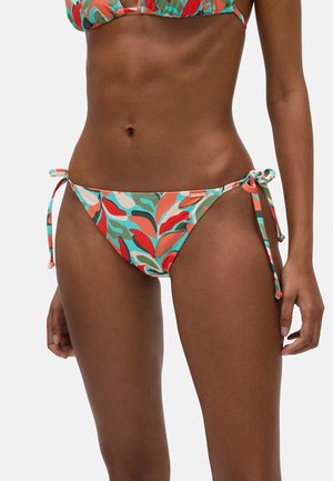 Parte de abajo de bikini con un patrón floral multicolor que incluye turquesa, coral y blanco. Cintas laterales ajustables y tejido suave y elástico.