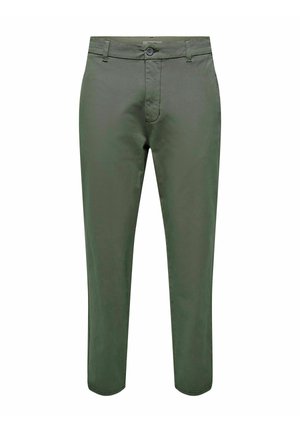 Herrernes olivengrønne slim-fit bukser med knaplukning og bæltestropper præsenteret mod en hvid baggrund.