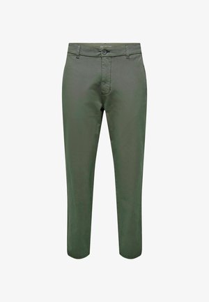 Men's olive green slim-fit trousers with button closure and belt loops, displayed against a white background.