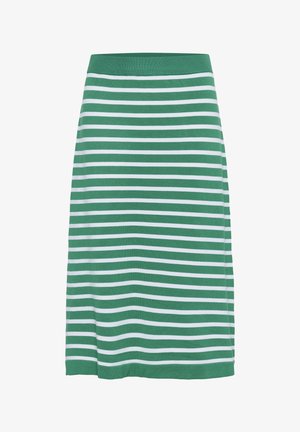 Zielono-biała spódnica w paski, wykonana z miękkiego materiału. Posiada dopasowany pas i długość do kolan z poziomymi paskami.
