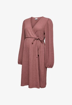 Lilla tekstuuriga wrap-kleit pikkade tuulutatud varrukatega, V-kaelusega ja reguleeritava külgtie vöökohaga, põlvepikk.