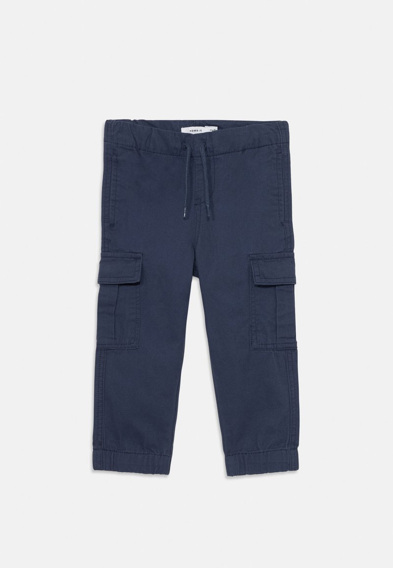 Námořnické modré cargo kalhoty z bavlny, s elastickým pasem na šňůrku, dvěma bočními kapsami a ošetřenými lemy.