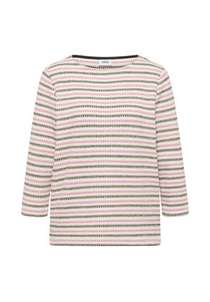 Langärmeliges Strickoberteil mit horizontalen Streifen in Pink, Grün und Creme, mit rundem Ausschnitt und gerade geschnittenem Saum.