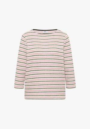 Fijngebreide top met lange mouwen en horizontale strepen in roze, groen en crème, voorzien van een ronde halslijn en een rechte zoom.