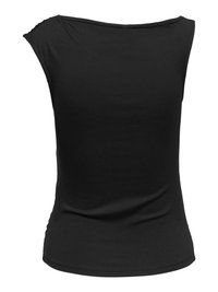 Top noir sans manches pour femme avec encolure ronde, taille cintrée et tissu lisse, montré de dos sur fond blanc.