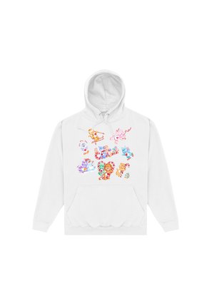 Biała bluza z kapturem z kolorowym, zabawnym wzorem przedstawiającym różne zwierzęta z kreskówek, wzory w paski cynamonowe oraz dużą kieszeń z przodu.