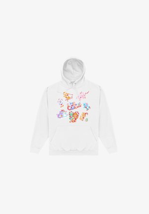 Biała bluza z kapturem z kolorowym, zabawnym wzorem przedstawiającym różne zwierzęta z kreskówek, wzory w paski cynamonowe oraz dużą kieszeń z przodu.