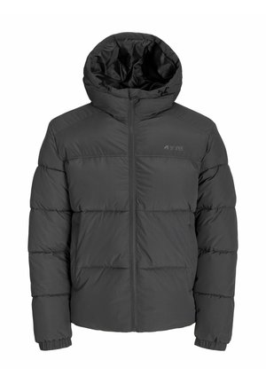 Jachetă puffer de culoare gri închis, cu glugă, design matlasat, fermoar frontal, manșete elastice și branding subtil pe piept.
