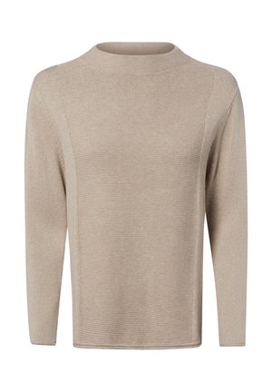 Pull beige à manches longues en maille avec un panneau avant texturé et un col rond, présenté sur fond blanc uni.