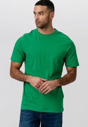 Mand iført en ensfarvet grøn kortærmet t-shirt og blå jeans, der kigger til venstre med hænderne foldet foran sig.