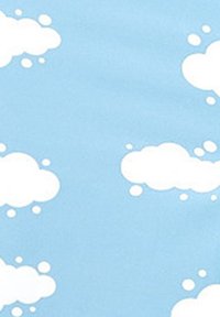 Light blue fabric featuring scattered white cloud shapes, varying in size, with soft edges and a smooth texture, creating a playful pattern.
