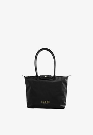 Schwarze Tote-Tasche mit strukturierten Griffen, kleinem Schleifendetail in der Nähe des Reißverschlusses und goldenem „BAKER by Ted Baker“-Logo auf der Vorderseite.
