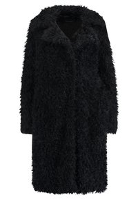 Sort faux pelsfrakke med lange ærmer og en notch-krave, der har en tekstureret overflade og et åbent frontdesign. Ingen synlige lukninger.