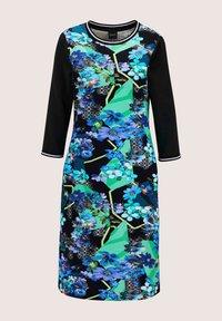 Zwart langzittend jurkje met blauw en groen bloem- en geometrisch patroon op de voor- en achterkant, gestreepte halslijn en manchetten.