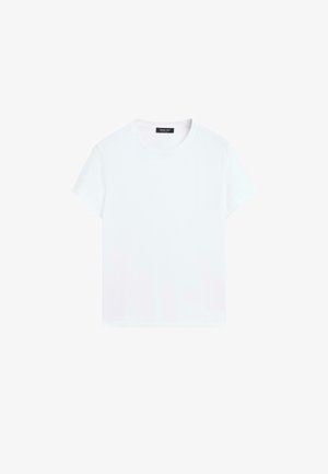 Effen wit T-shirt met korte mouwen en ronde hals, plat gelegd, voorkant zichtbaar met een zwart kledinglabel bij de halslijn.