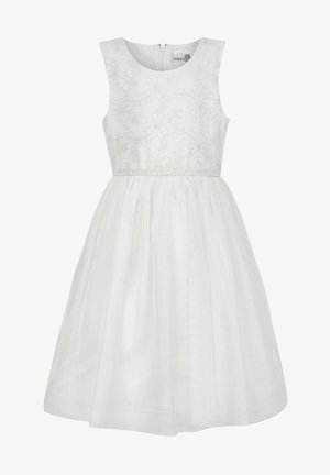 Weißes ärmelloses Kleid mit Blumenstickerei am Oberteil, geraffter Taille und vollem Rock, mit Reißverschluss hinten.