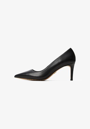 Escarpin noir en cuir à bout pointu avec un talon fin, présentant une texture lisse et un design minimaliste pour une silhouette épurée.