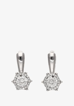 Ezüst csillagformájú fülbevalók virágmintával, számos apró csillogó kővel díszítve, sima, fényes felülettel rendelkező kivitelezésben.