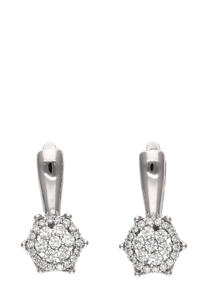 Ezüst csillagformájú fülbevalók virágmintával, számos apró csillogó kővel díszítve, sima, fényes felülettel rendelkező kivitelezésben.