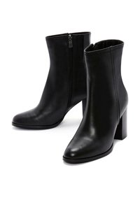 Black leather ankle boots with a pointed toe and block heel, featuring a side zip closure and smooth texture.