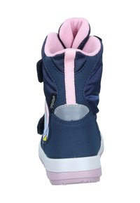 Navy blue high-top sneaker with pink accents, velcro straps, padded collar, and a textured rubber sole. Side features colorful design.