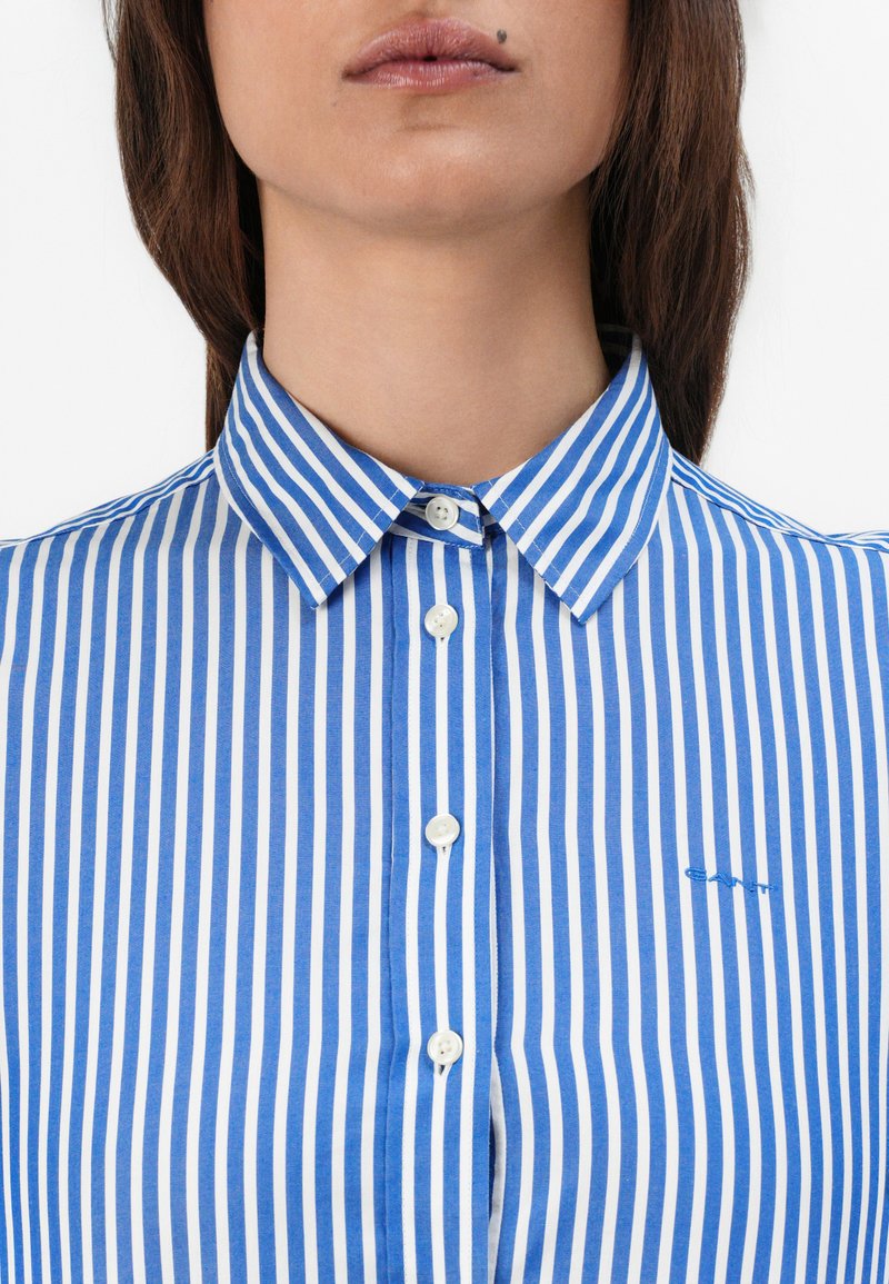 Blau-weiß gestreiftes Hemd mit Knopfverschluss, spitzem Kragen, dezentem besticktem Logo und glatter Stoffoberfläche.