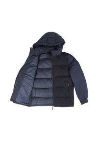 Giubbotto imbottito blu navy con cappuccio staccabile, dotato di isolamento trapuntato, pannello testurizzato a contrasto e tasche con zip.