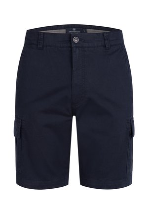 Granatowe szorty cargo wykonane z mieszanki bawełny. Posiadają boczne kieszenie, zapięcie na guzik oraz prosty krój.
