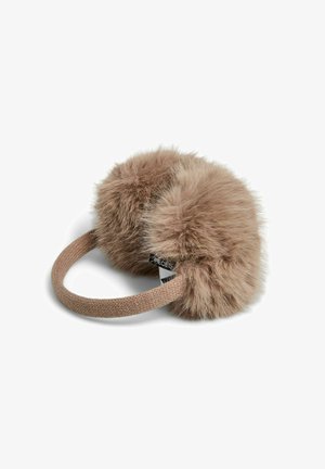 Brune faux fur ørevarmere med en blød tekstur, prydet med et strikket bånd og rund pom-pom stil design. Enkel og varm accessory til koldt vejr.