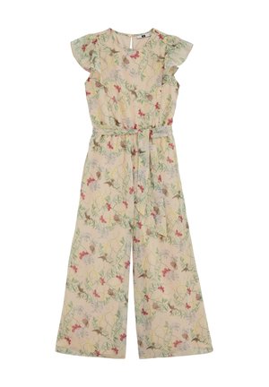 Mono sin mangas beige con piernas anchas, estampado de flores y mariposas, detalles de volantes en los hombros y un cinturón a juego de tela en la cintura.