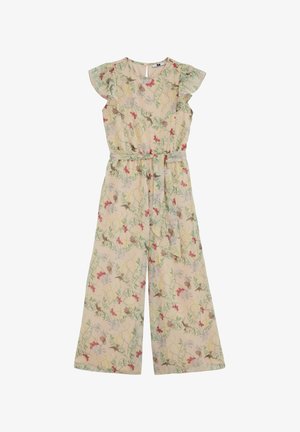 Smėlio spalvos be rankovių kombinezonas su plačiomis kelnėmis, gėlių ir drugelių raštais, raukiniais ant peties detalių ir derančia audinio dirželiu ties juosmeniu.