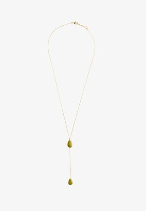 Collier chaîne en or avec deux pendentifs en forme de goutte vert olive, un au centre et un suspendu en dessous.