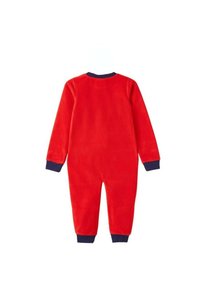 Combinaison en polaire rouge avec des manches longues, des poignets bleu marine et un col rond. Texture lisse avec une couleur unie et sans motifs supplémentaires.