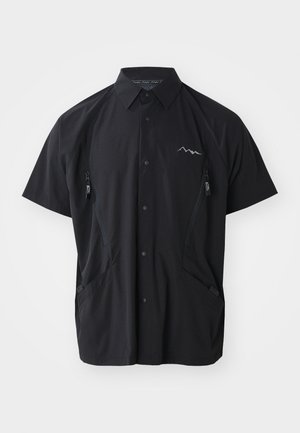 Black short-sleeve shirt made from lightweight fabric, featuring a collared neckline, two zippered chest pockets, and mountain logo on the left.