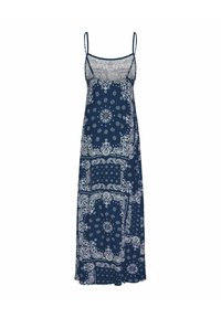 Robe maxi bleu marine avec imprimé paisley et floral blanc, empiècement supérieur transparent sur la poitrine et fines bretelles.