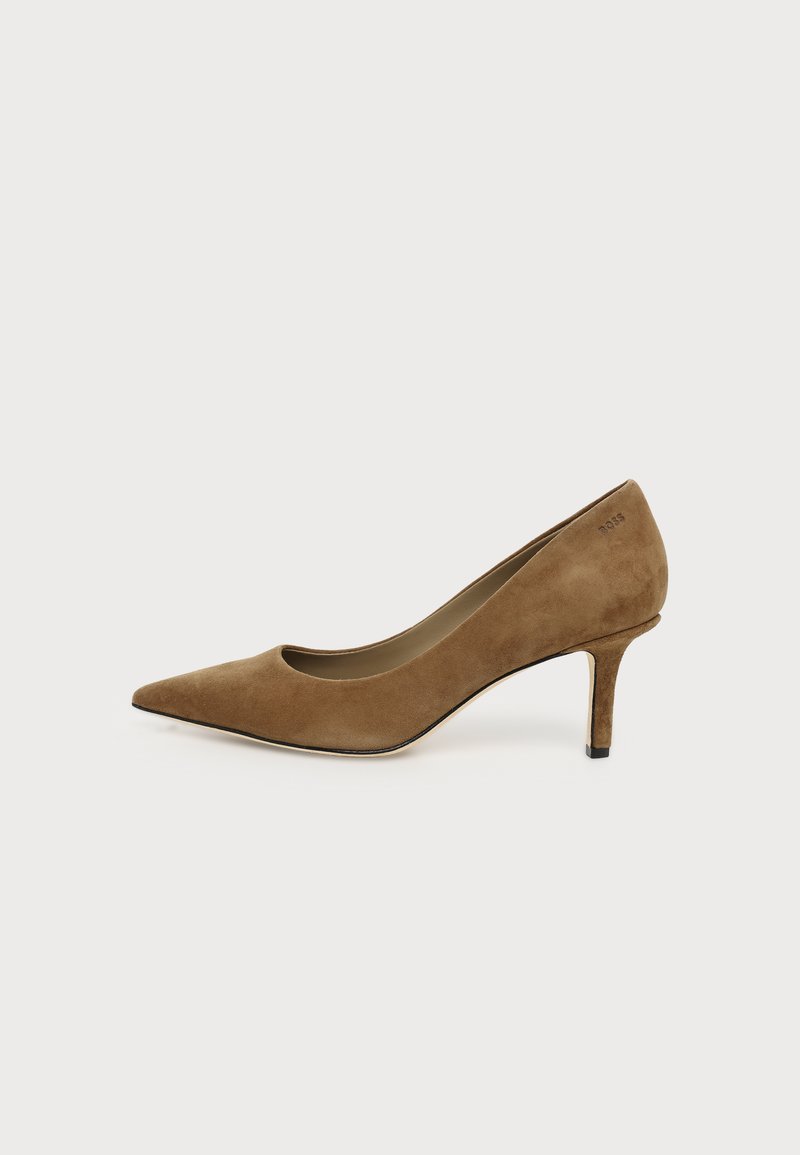 Chaussure à talon haut en daim marron, bout pointu, avec un talon aiguille fin de hauteur moyenne sur fond blanc.
