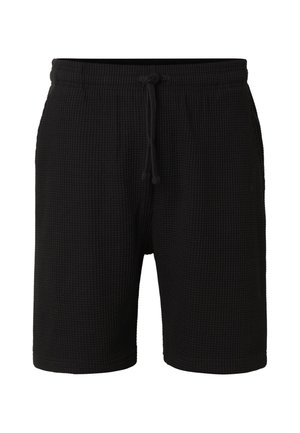Sorte shorts i tekstureret stof med elastisk taljebånd og snor foran, knælange og med sidelommer.