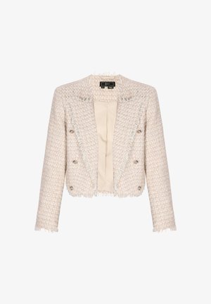 Jachetă scurtă din tweed bej și alb, cu margini franjurate, nasturi dubli argintii și căptușeală interioară netedă bej.