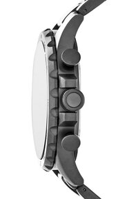 Montre de sport noire avec un grand boîtier rond, une lunette texturée et des poussoirs robustes. Elle présente un bracelet lisse et un design minimaliste.