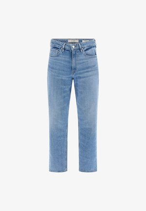 Jeans in denim azzurro chiaro con design a gamba dritta, cinque tasche e chiusura con bottone. Presentano leggera scoloritura e un finitura classica.