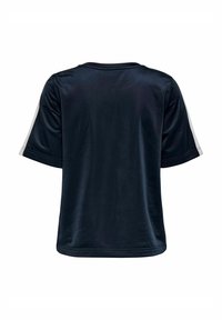 Blaues kurzärmliges T-Shirt aus glattem Stoff, mit Rundhalsausschnitt und kontrastierenden weißen Streifen an den Ärmeln.