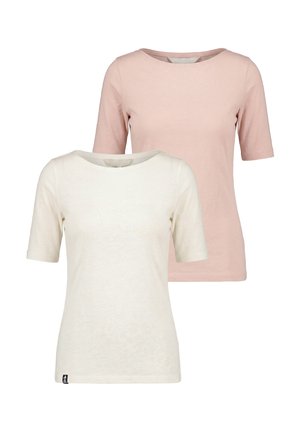 Zwei schlichte T-Shirts mit kurzen Ärmeln und Rundhalsausschnitt, eines in Hellrosa und eines in Cremeweiß, vor weißem Hintergrund dargestellt.