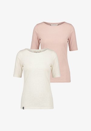 Zwei schlichte T-Shirts mit kurzen Ärmeln und Rundhalsausschnitt, eines in Hellrosa und eines in Cremeweiß, vor weißem Hintergrund dargestellt.